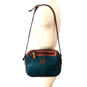 Liz Claiborne Shoulder Bag Leather Green With Brown Trim Zip Closure 10"x7"x3"